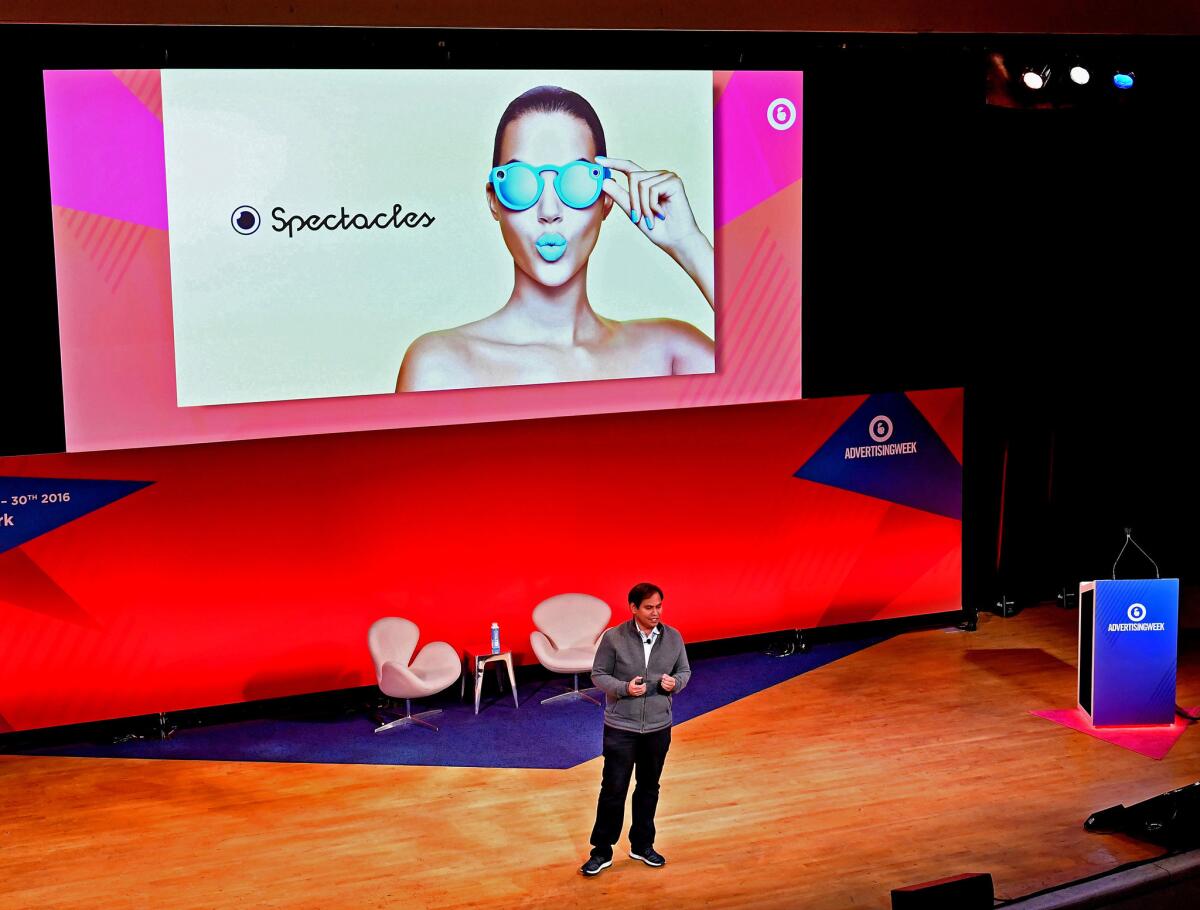 Snap Inc. Chief Strategy Officer Imran Khan speaks about Spectacles during an Advertising Week New York event in September.
