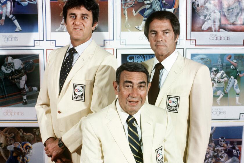 "Monday Night Football" commentators, from left, Don Meredith, Howard Cosell and Frank Gifford in 1980.
