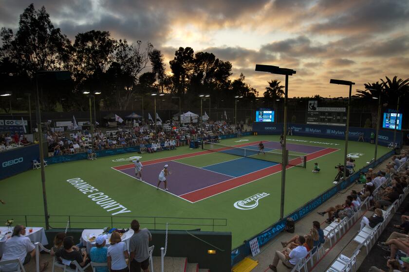The center court at Palisades Tennis Club during a 2017 match between the Orange County Breakers and the Springfield Lasers.