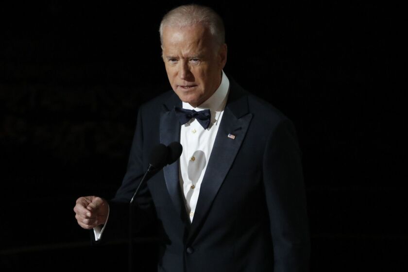 TNS AND WIRE SERVICES OUT. NO SALES. TRIBUNE NEWSPAPERS AND WEBSITES ONLY. HOLLYWOOD, CA - February 28, 2016 Vice President Joe Biden during the telecast of the 88th Academy Awards on Sunday, February 28, 2016 at the Dolby Theatre at Hollywood & Highland Center in Hollywood, CA. (Robert Gauthier / Los Angeles Times)