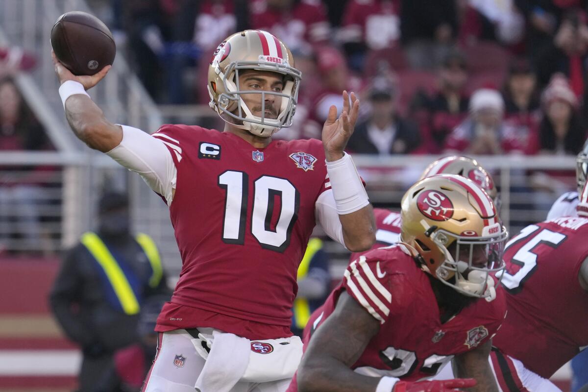 San Francisco 49ers quarterback Jimmy Garoppolo passes against the Atlanta Falcons.