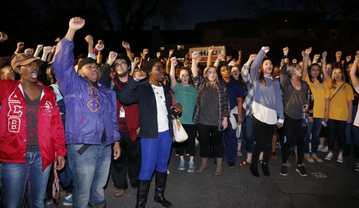 University of Oklahoma students rally outside the now-closed Sigma Alpha Epsilon fraternity house.