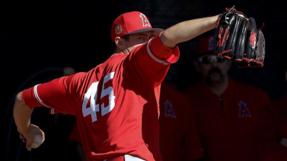 Angels starting pitcher Tyler Skaggs throws during spring baseball practice Wednesday.