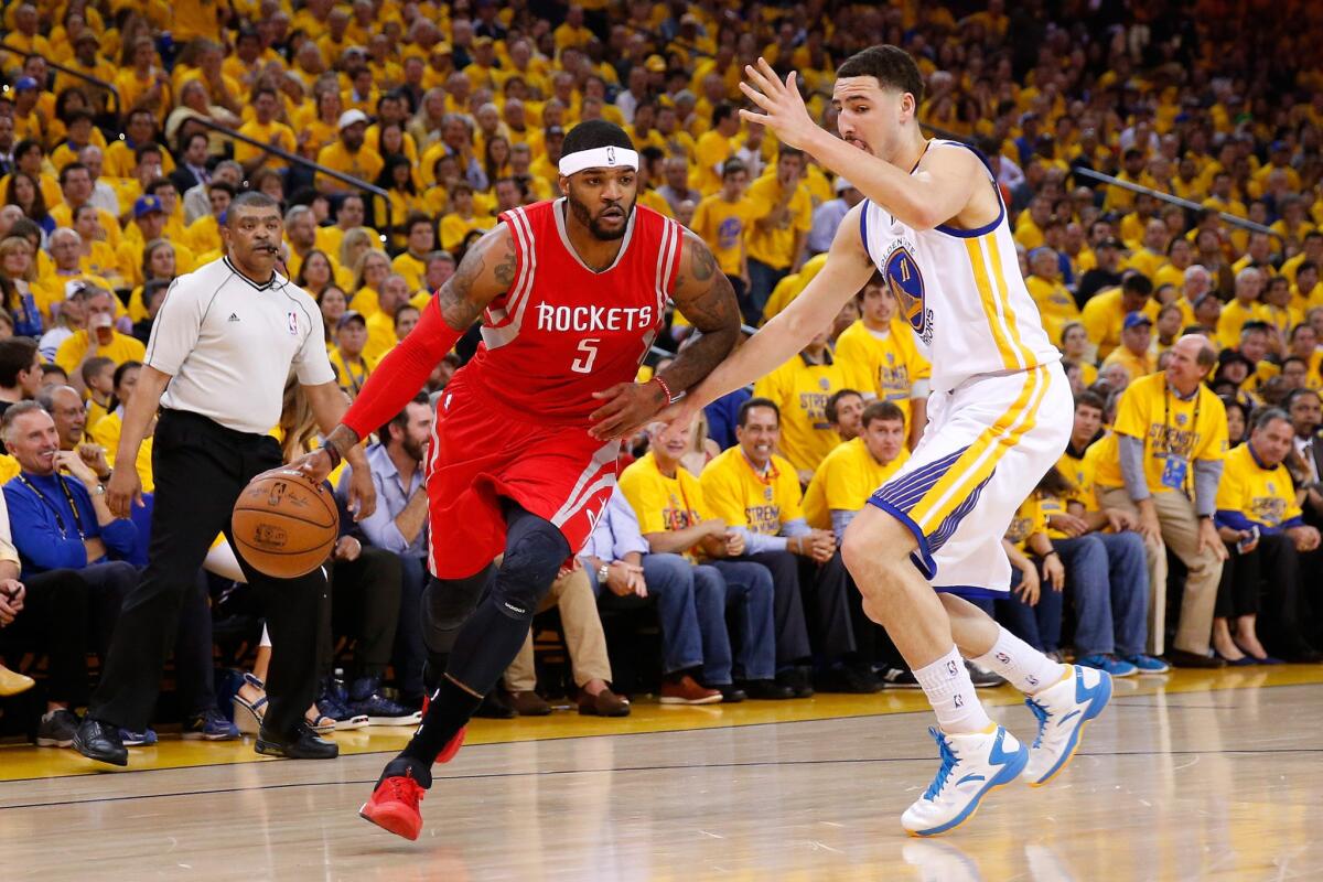 Forward Josh Smith (5) helped the Rockets beat the Clippers in the playoffs before falling to Klay Thompson and the Warriors in the Western Conference finals.