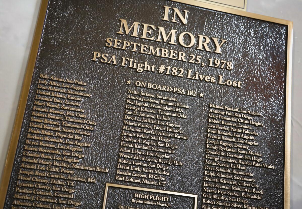 A memorial plaque for the 144 people who died in the 1978 crash of PSA flight 182 at the San Diego Air & Space Museum.