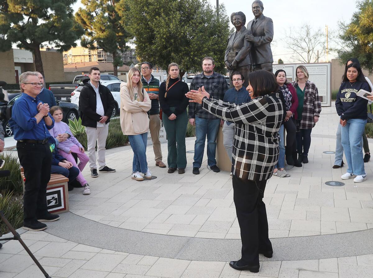 Sylvia Mendez shares her stories and history at Mendez Tribute Monument Park in Westminster.