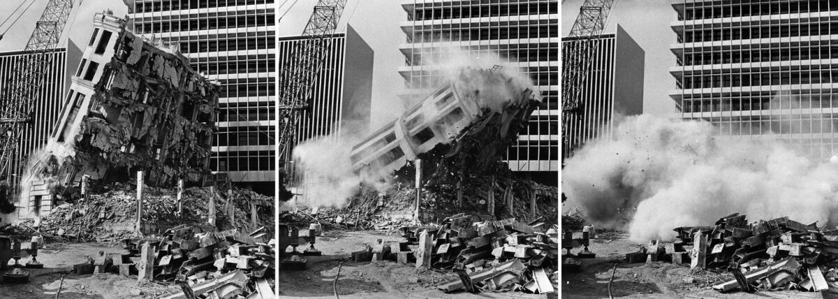 July 7, 1973: Three photo combo as the last section of the Old Hall of Records is toppled.