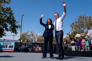 SAN LEANDRO, CA - SEPTEMBER 08: Vice President Kamala Harris joins California Governor Gavin Newsroom at a rally against the upcoming gubernatorial recall election at the IBEW-NECA Joint Apprenticeship Training Center on Wednesday, Sept. 8, 2021 in San Leandro, CA. The recall election, which will be held on September 14, 2021, asks voters to respond two questions: whether Newsom, a Democrat, should be recalled from the Office of Governor, and who would succeed Newsom should he be recalled. (Kent Nishimura / Los Angeles Times)