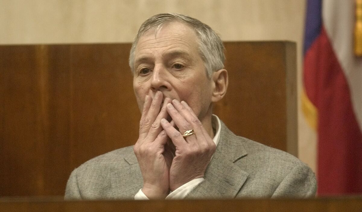 Multimillionaire murder defendant Robert Durst pauses during testimony at his trial in Galveston, Texas. He was found not guilty of murdering a neighbor at a low-rent Galveston apartment house where they both lived.
