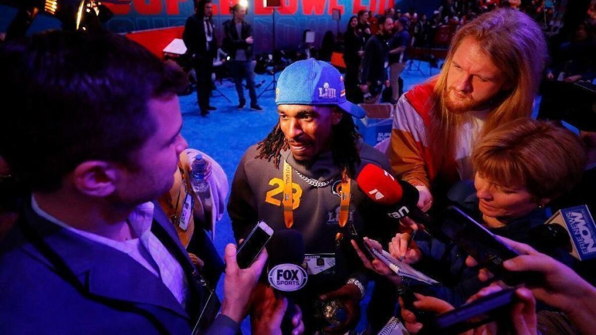 Rams cornerback Nickell Robey-Coleman fields questions during Super Bowl LIII opening night in Atlanta on Monday.