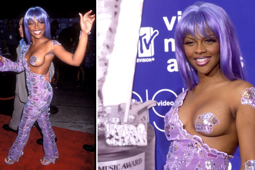 At the 1999 MTV Video Music Awards, Lil' Kim wore a lavender lace, one-sleeved jumpsuit cut to reveal a single, pastied breast.