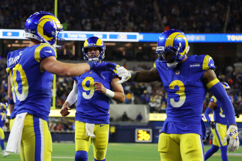 Rams wide receiver Cooper Kupp celebrates with receiver Odell Beckham Jr. and quarterback Matthew Stafford.