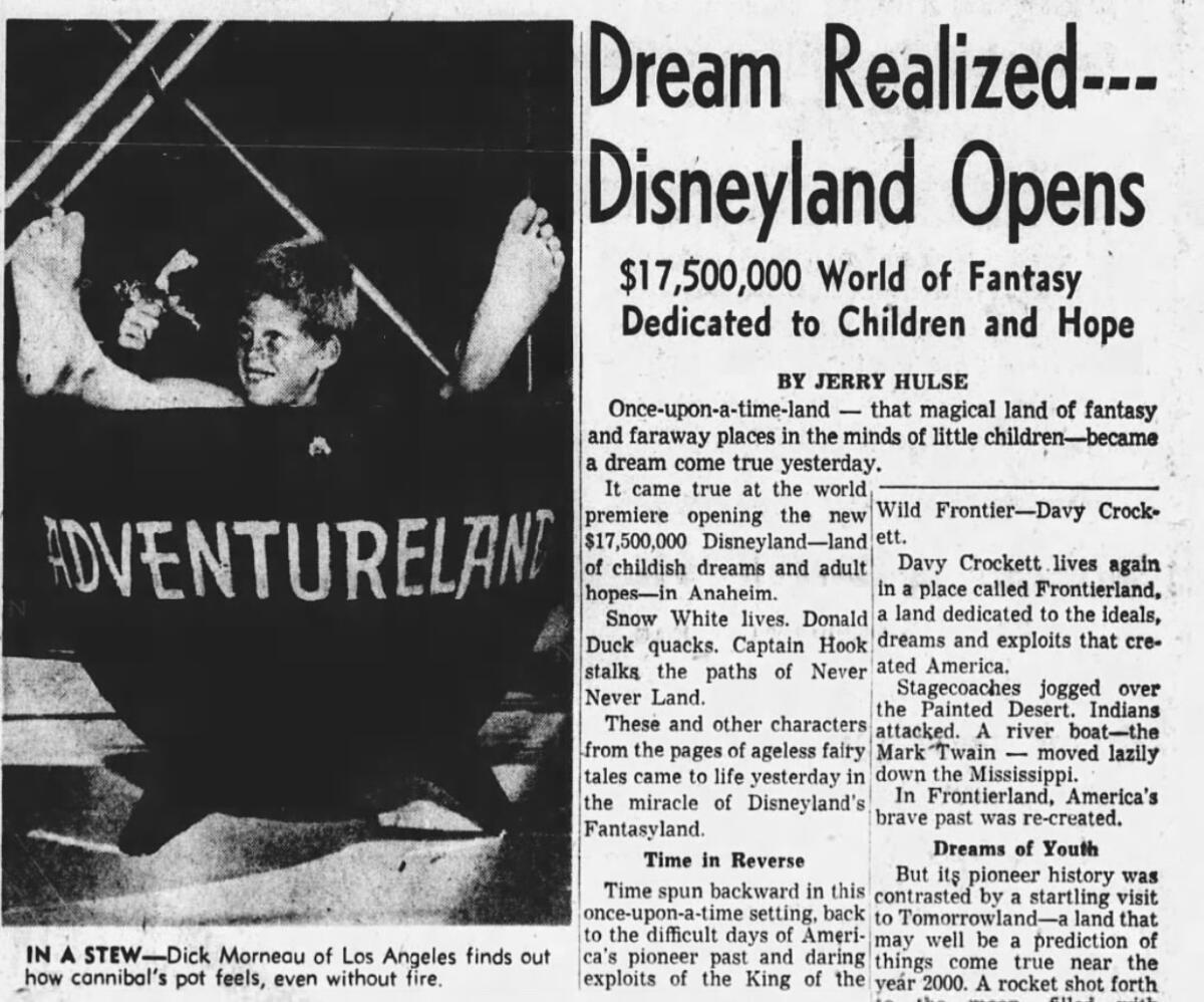A newspaper story headlined "Dream Realized---Disneyland Opens," with a photo of a boy inside a pot reading "Adventureland"
