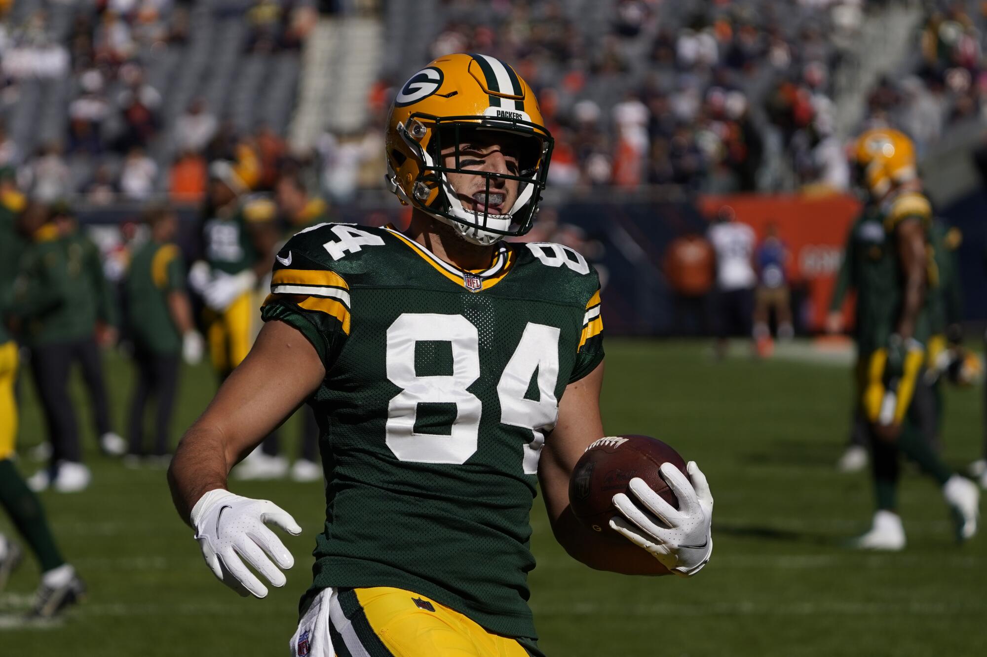 Green Bay Packers tight end Tyler Davis during warmups.