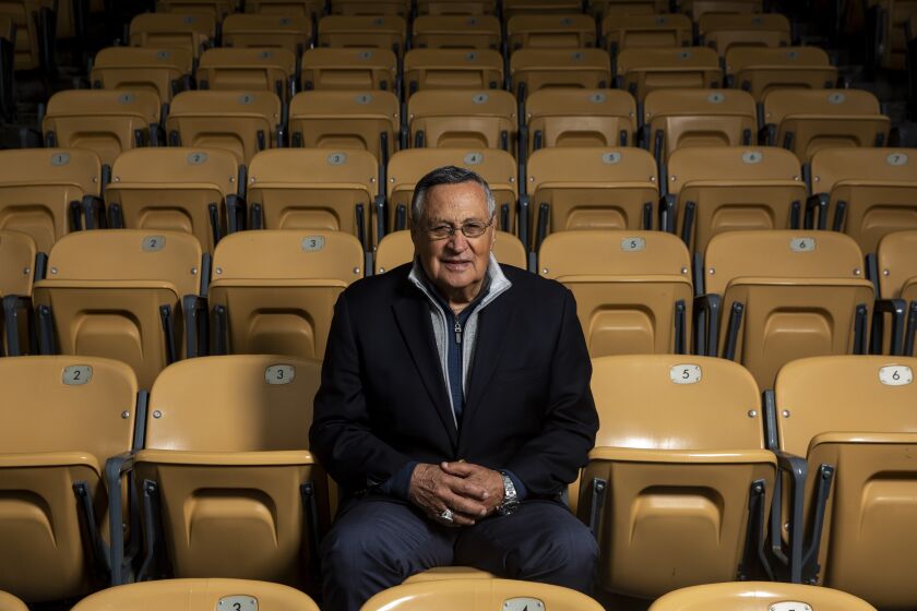 LOS ANGELES, CALIF. - MAY 10: Jaime Jarrin, the Spanish-language voice of the Los Angeles Dodgers, poses for a portrait at Dodger Stadium on Friday, May 10, 2019 in Los Angeles, Calif. (Kent Nishimura / Los Angeles Times)