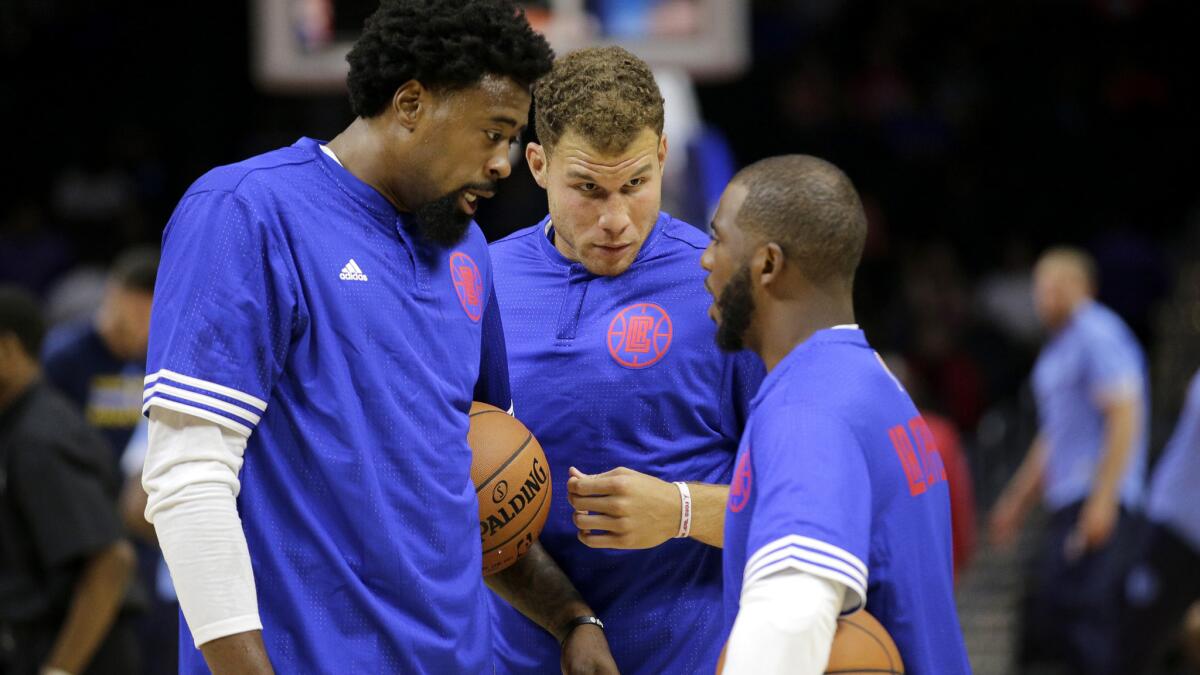 The Clippers' big three (from left), DeAndre Jordan, Blake Griffin and Chris Paul, will be looking for their second exhibition win tonight in Vancouver, Canada.