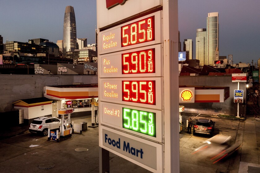 A marquee displays gas prices at a Shell station on Monday, Nov. 22, 2021, in San Francisco.  
