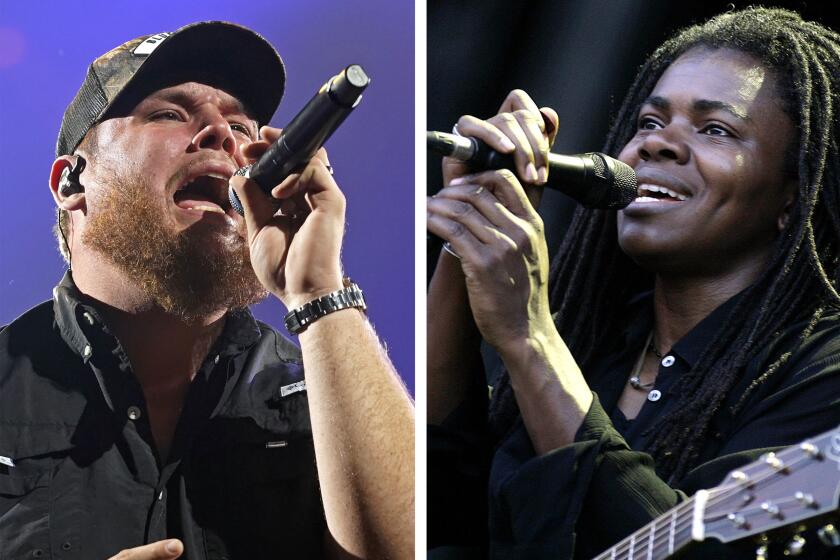 A diptych of Luke Combs , left, and Tracy Chapman, both performing