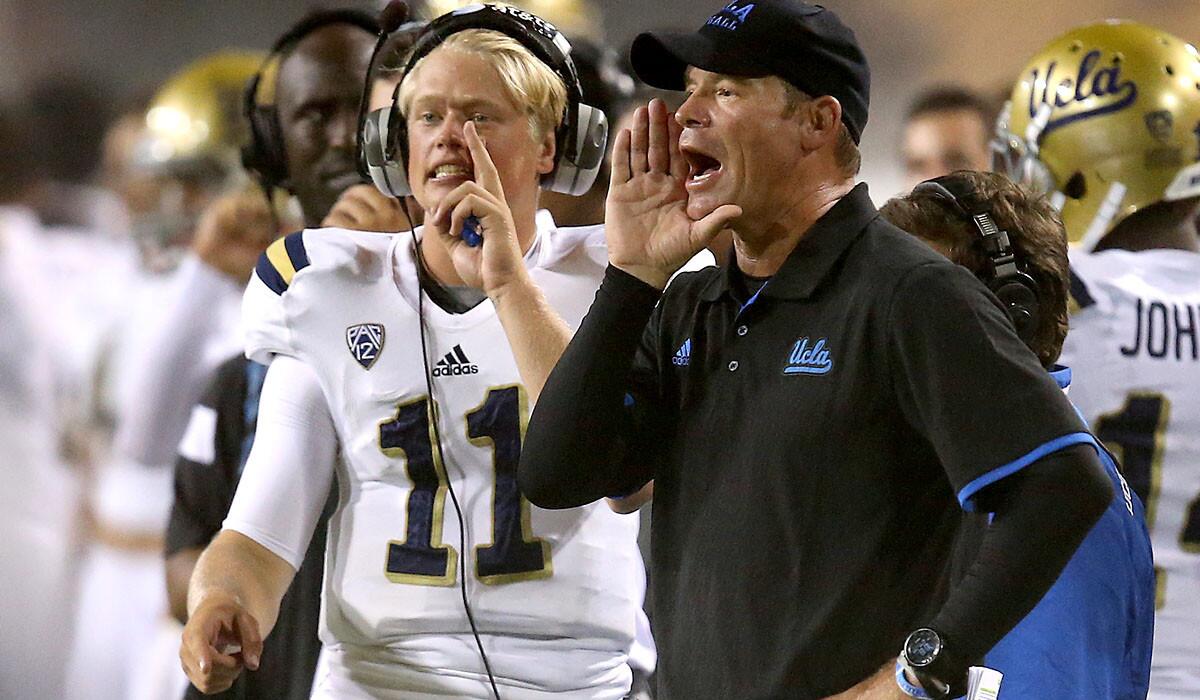 The Bruins have 18 returning starters for next season, but will Coach Jim Mora turn the offense over to Jerry Neuheisel (11)?