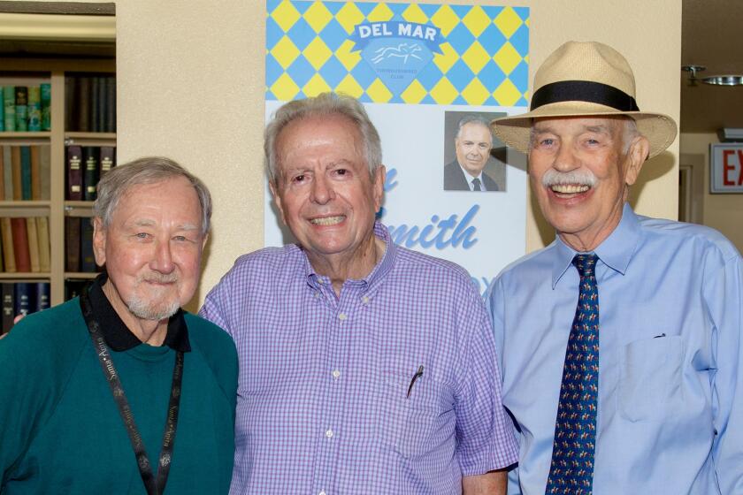 From left: Longtime San Diego Union and Union-Tribune reporter Hank Wesch, retired Del Mar publicist Dan Smith and Director of Media Mac McBride recently talked Kentucky Derby.