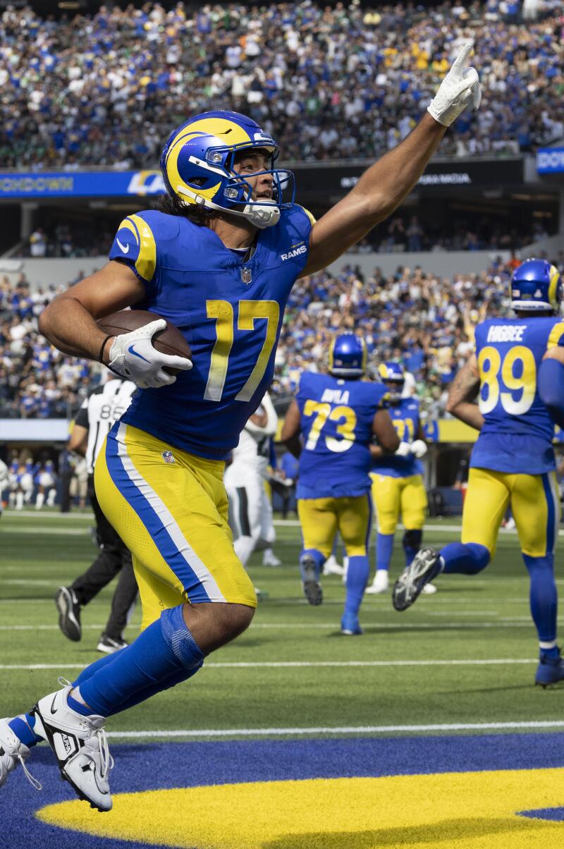 Rams wide receiver Puka Nacua hauls in a second quarter touchdown pass over Eagles cornerback James Bradberry.