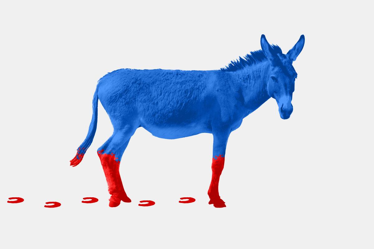 A photo illustration of a blue donkey with red paint halfway up its legs and a trail of red hoof prints behind it.