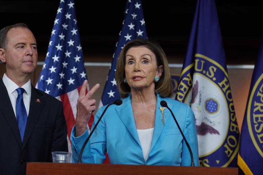 WASHINGTON, D.C.,OCTOBER 2, 2019ÑHOUSE OF REP. SPEAKER NANCY PELOSI AND REP. ADAM SCHIFF, HELD A PRESS CONFERENCE TO TALK ABOUT IMPEACHMENT AND LOWERING THE COST OF DRUGS IN THE US. (kirk D. McKoy / Los Angeles Times)