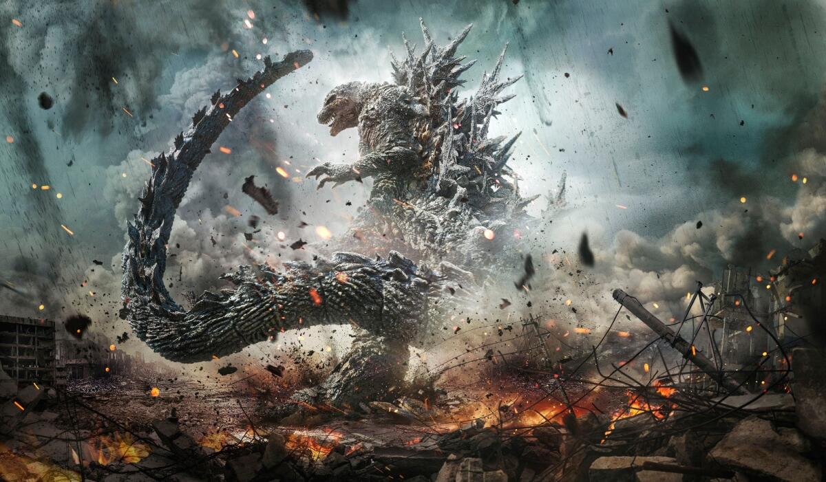 Godzilla whipping his tail in rubble