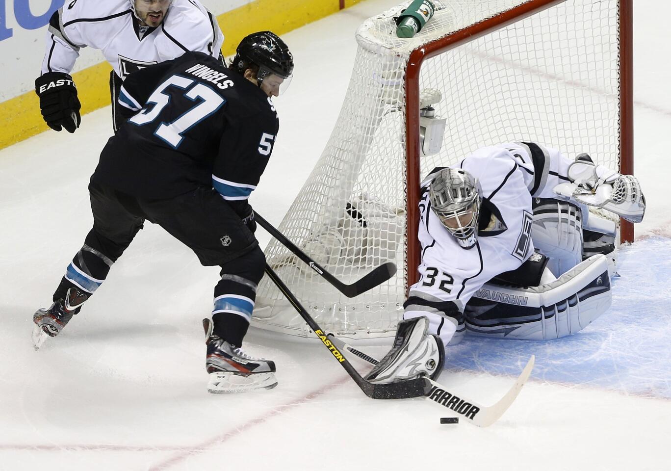Sharks center Tommy Wingels has his point-blank shot stopped by Kings goaltender Jonathan Quick in the second period of Game 3 on Saturday night at HP Pavilion in San Jose.
