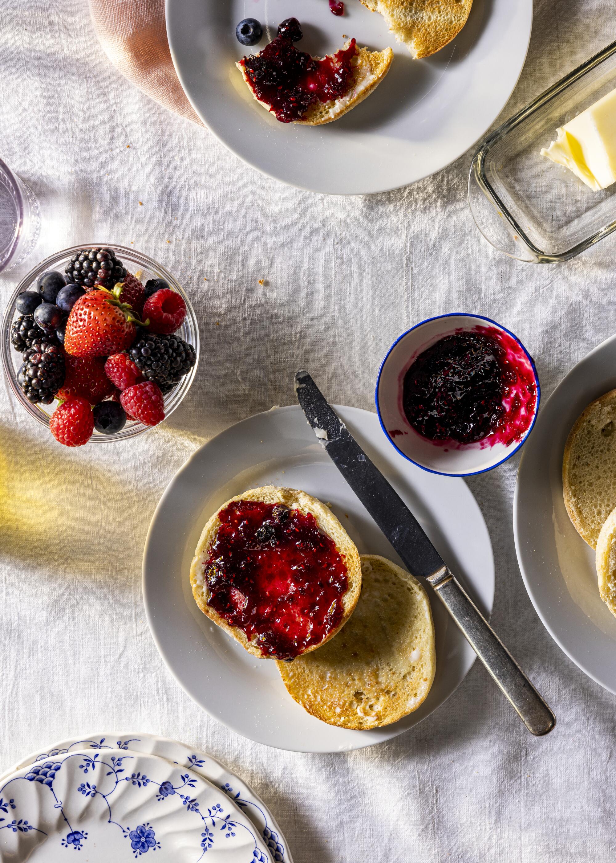 Jam-covered English muffins.  