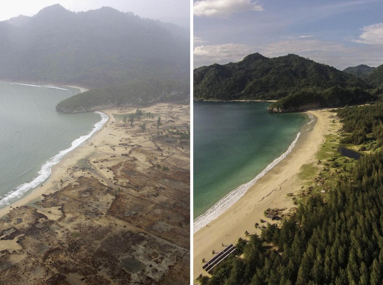 The coast west of Aceh as seen in January 2005 (left) and December 2014 (right).