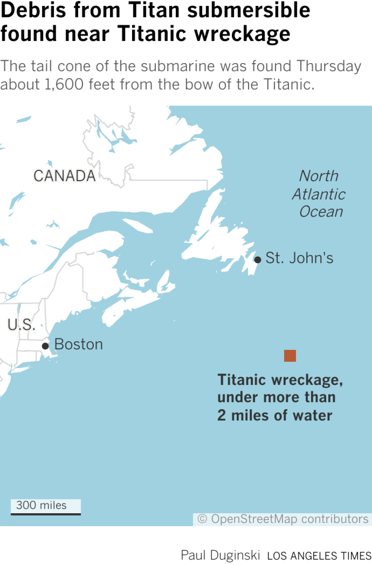Location of Titanic wreckage in the Atlantic.