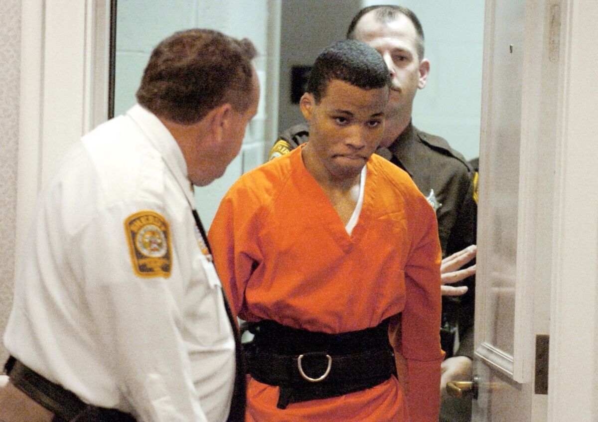 Lee Boyd Malvo enters a courtroom in the Spotsylvania, Va., Circuit Court in 2004.