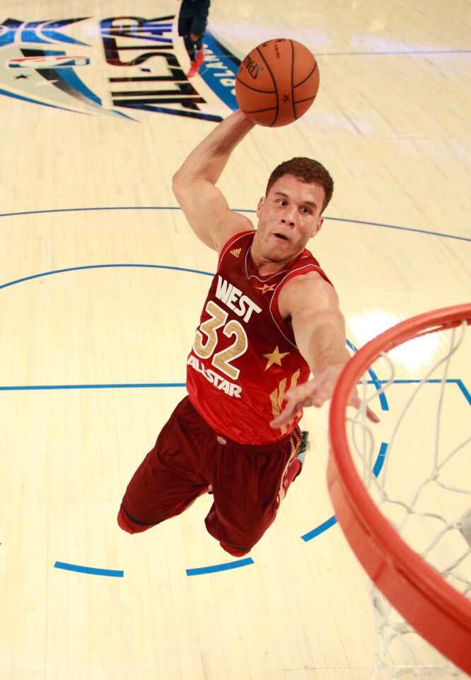 West power forward Blake Griffin of the Clippers drives down the lane for a dunk against the East in the first half of the NBA All-Star gamem on Sunday at Amway Center in Orlando.