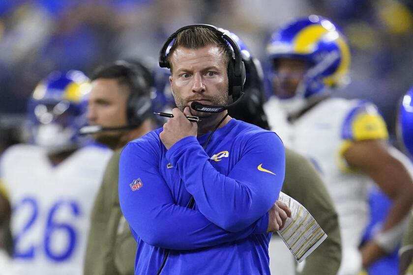 Los Angeles Rams head coach Sean McVay looks on during the second half.