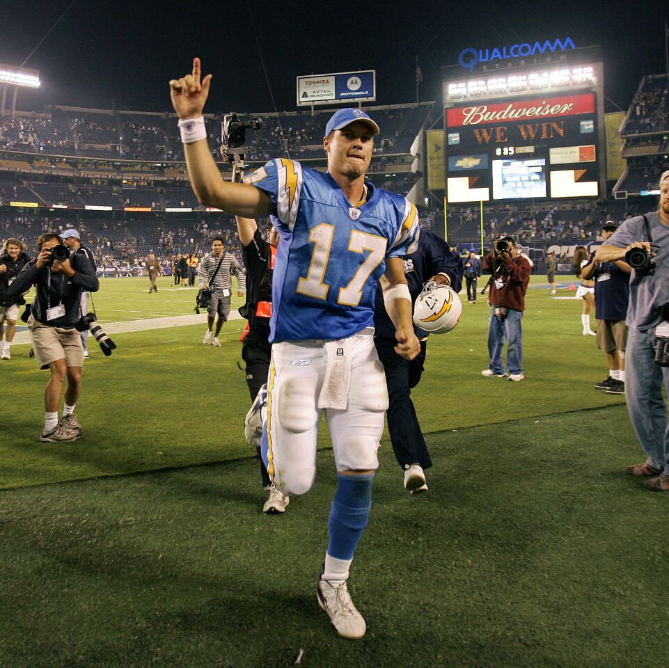 Chargers Philip Rivers celebrates a win against the Pittsburgh Steelers at Qualcomm Stadium on Thursday, Oct. 8, 2006.