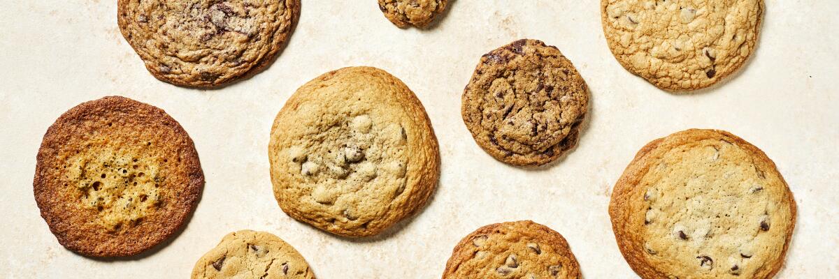 Chocolate chip cookies in various sizes from nine different recipes