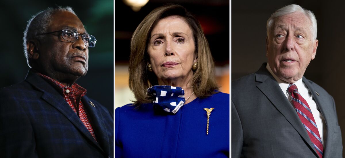 This combination of fie photo shows from left, Rep. James Clyburn, D-S.C. on Feb. 29, 2020, in Columbia, S.C., House Speaker Nancy Pelosi of Calif., on July 24, 2020 in Washington and House Majority Leader Steny Hoyer, D-Md., on March 3, 2020, in Washington. Hoyer and No. 3 party leader Clyburn, Congress’ highest ranking Black member, were reelected to their positions, like Pelosi without opposition on Wednesday, Nov. 18, 2020.