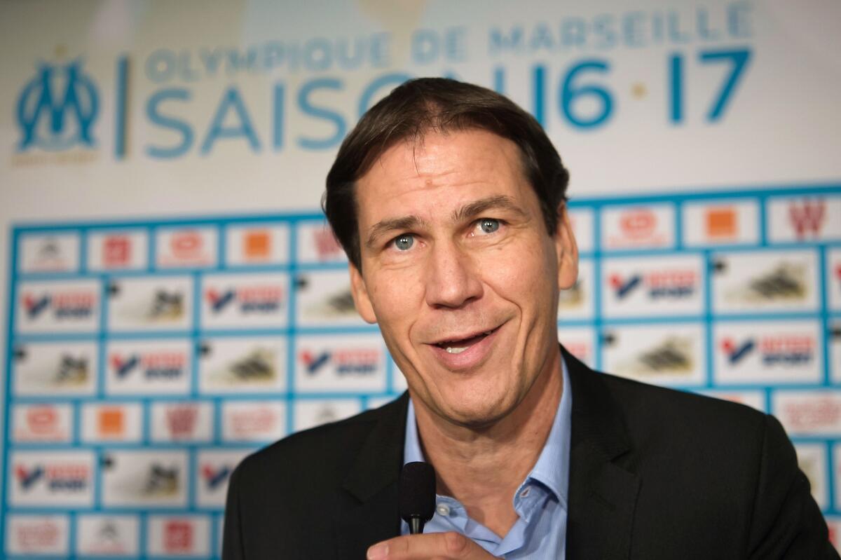 Olympique de Marseille Coach Rudi Garcia speaks during a news conference at the club's training centre in Marseille, France.