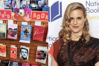(L) Display of censored books at Books Inc independent bookstore. (R) Lauren Groff wears a black and orange dress.