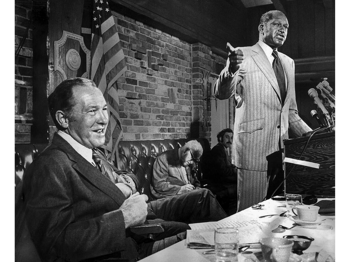 May 8, 1973: Los Angeles City Councilman Tom Bradley, right, speaks during debate with Mayor Sam Yorty at the Tarzana Chamber of Commerce.