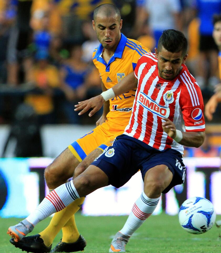 Guido Pizarro (L) of Tigres vies for the ball with Miguel Ponce of Chivas during their Mexican Apertura football tournament in Monterrey, Nuevo Leon State, Mexico, on August 9, 2015. AFP PHOTO / CARLOS RAMIREZCARLOS RAMIREZ/AFP/Getty Images ** OUTS - ELSENT, FPG - OUTS * NM, PH, VA if sourced by CT, LA or MoD **