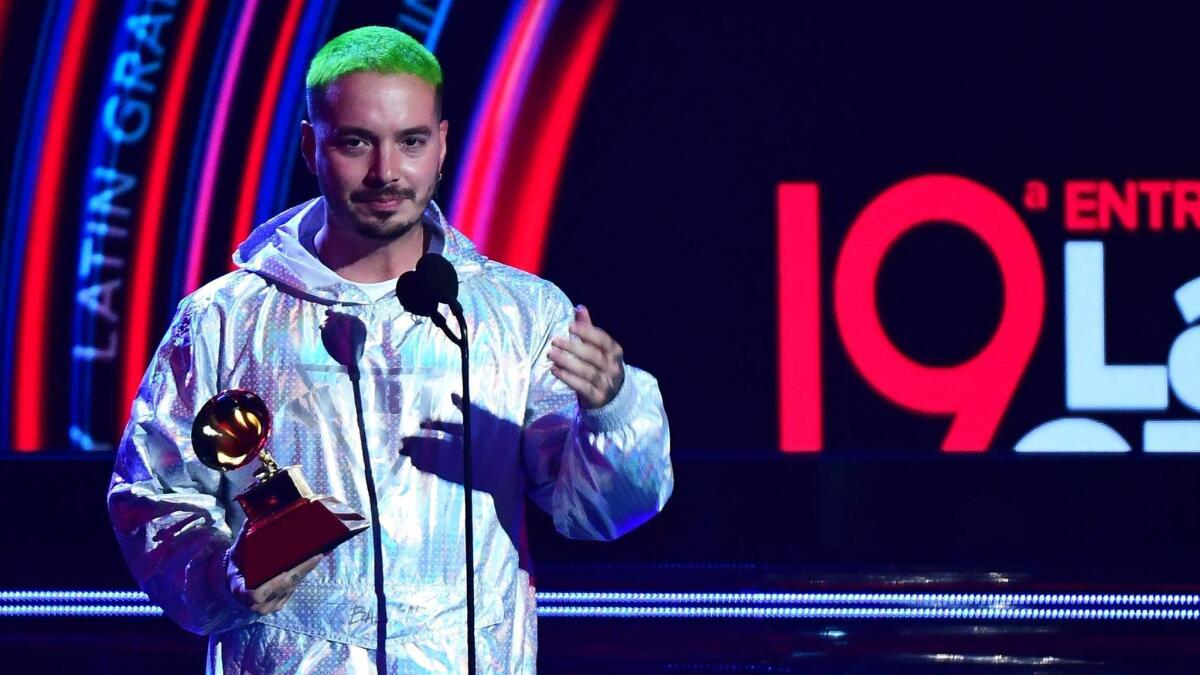 Reggaeton star J Balvin, accepting his sole Latin Grammy on Thursday night. He came into the 19th Latin Grammy Awards with the most nominations—eight—including record and album of the year, but won just one for urban music album.