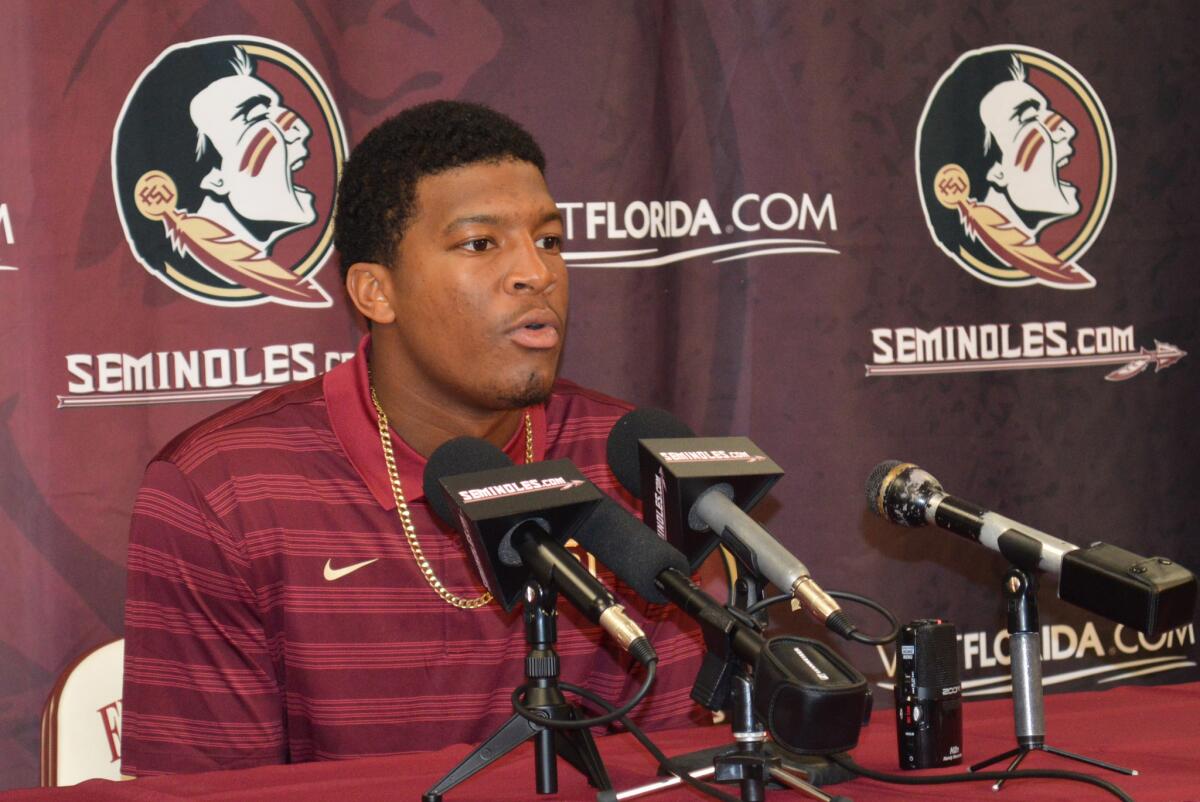 Florida State quarterback Jameis Winston comments on his half-game suspension Wednesday in Tallahassee, Fla.