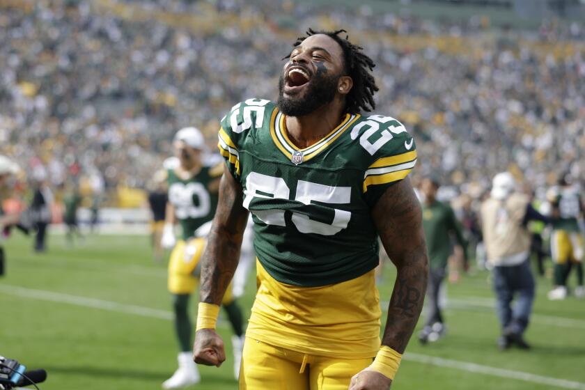 Green Bay Packers cornerback Keisean Nixon (25) celebrates after an NFL football game against the New Orleans Saints Sunday, Sept. 24, 2023, in Green Bay, Wis. The Packers won 18-17. (AP Photo/Matt Ludtke)