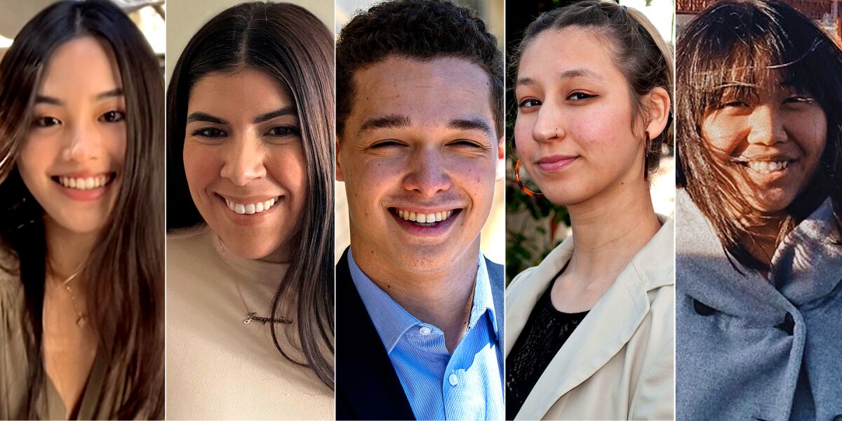 The L.A. Times spring interns, from left, are Alyssa Choi, Jacqueline Pinedo, Kai Grady, Kristina Garcia and Li Anne Liew.