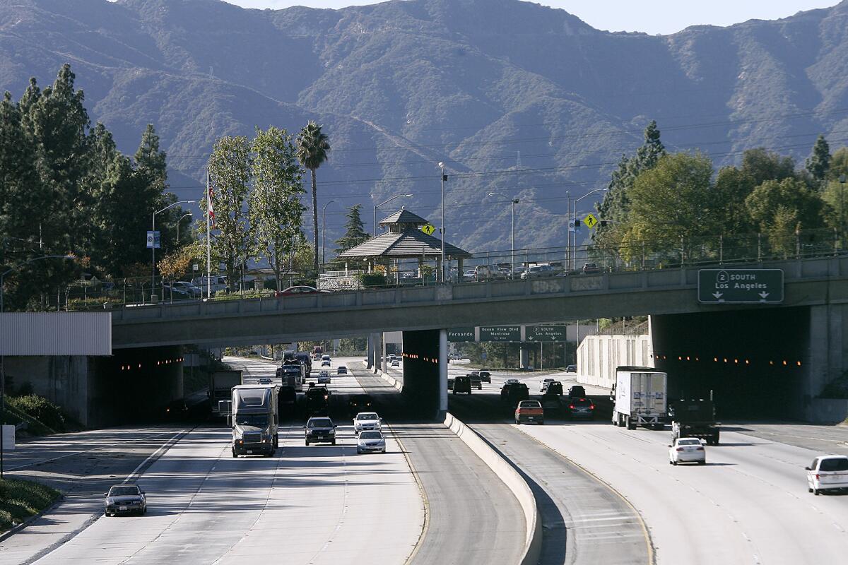 Looking north, the Foothill Blvd. overpass is seen over the Foothill (210) Freeway, which cuts through La Cañada Flintridge.