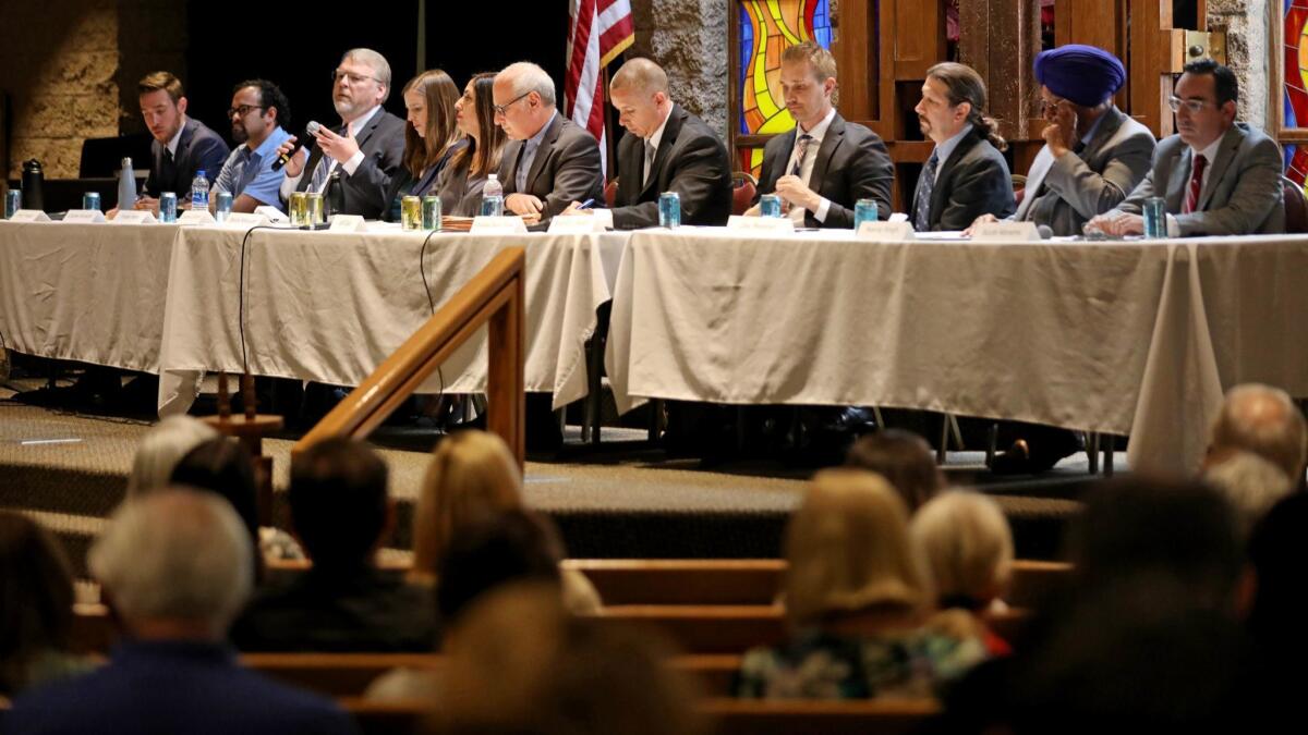 L.A. City Council District 12 candidates at a forum in April.