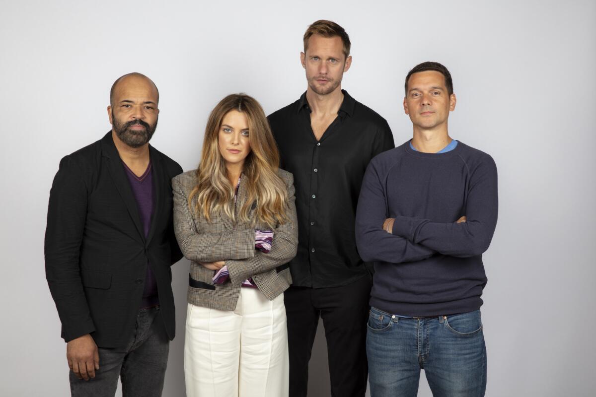 Actor Jeffrey Wright, actress Riley Keough, actor Alexander Skarsgard and director Jeremy Saulnier, from "Hold The Dark."