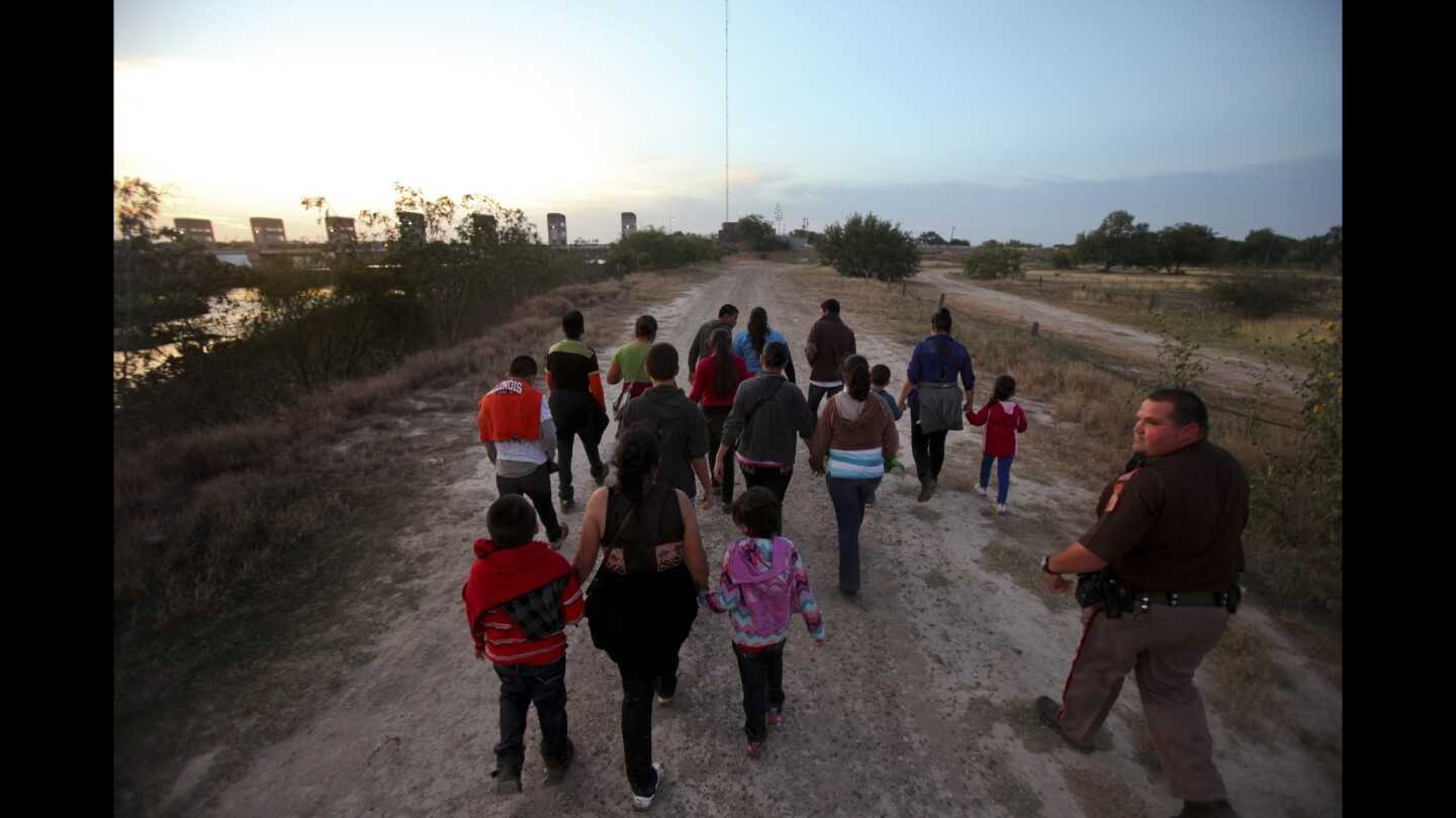 Deputy Ruben Salinas, lower right, of the Hidlago County Constable Department, escorts a group of Guatemalans to Border Patrol officials after they crossed the Rio Grande near Anzalduas Park outside McAllen, Texas. The group spent 3 weeks traveling across Mexico.